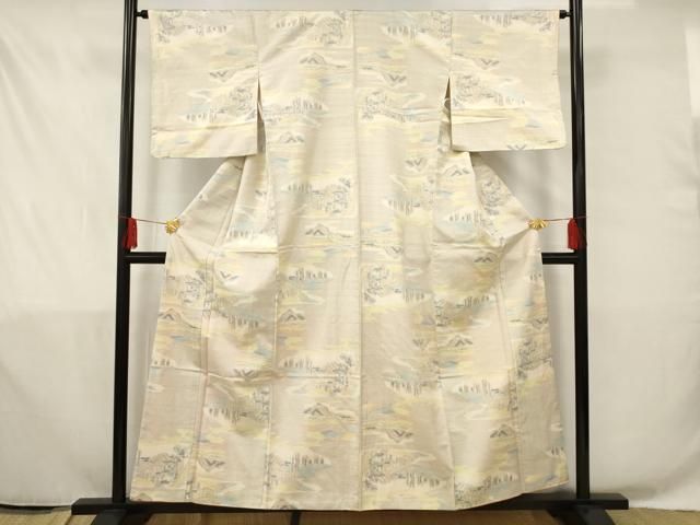 平和屋着物▽本場大島紬　単衣　白大島　扇面風景花文　正絹　逸品　AAAZ9557fy 平和屋着物▽本場大島紬 単衣 白大島 扇面風景花文 正絹 逸品