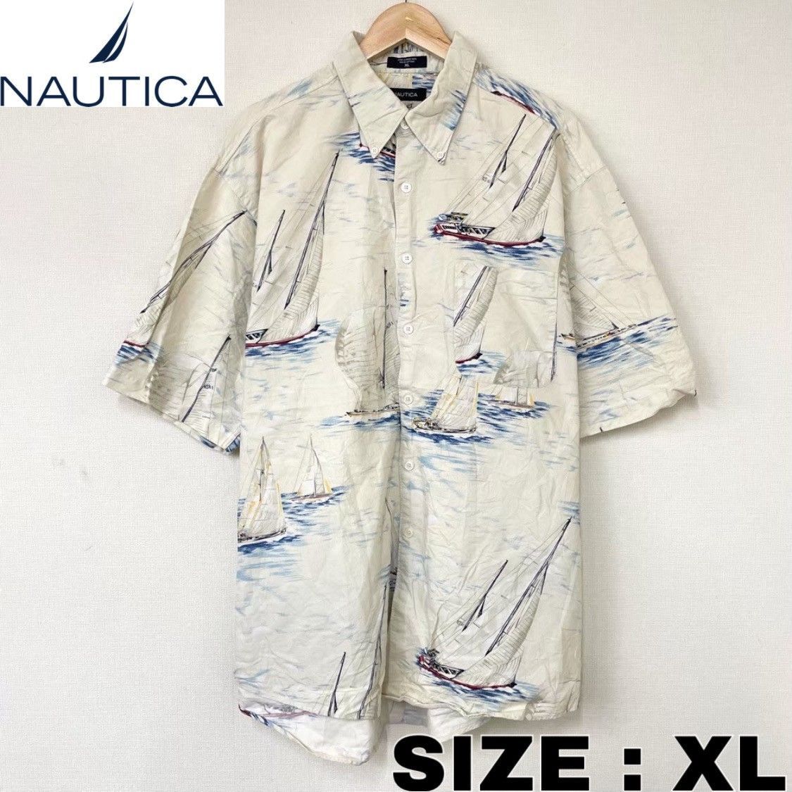 ノーティカ NAUTICA アロハ シャツ ボタンダウン 半袖 船柄 総柄 XL ビッグサイズ アイボリー系