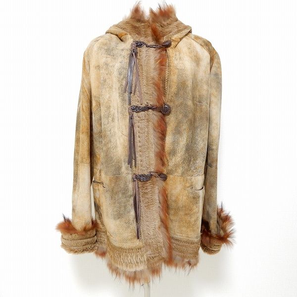 #wnc リザール RIZAL 毛皮 コート ムートン ラムレザー 羊革 ファー 38 茶系 ベージュ系 フード付き レディース [953330]