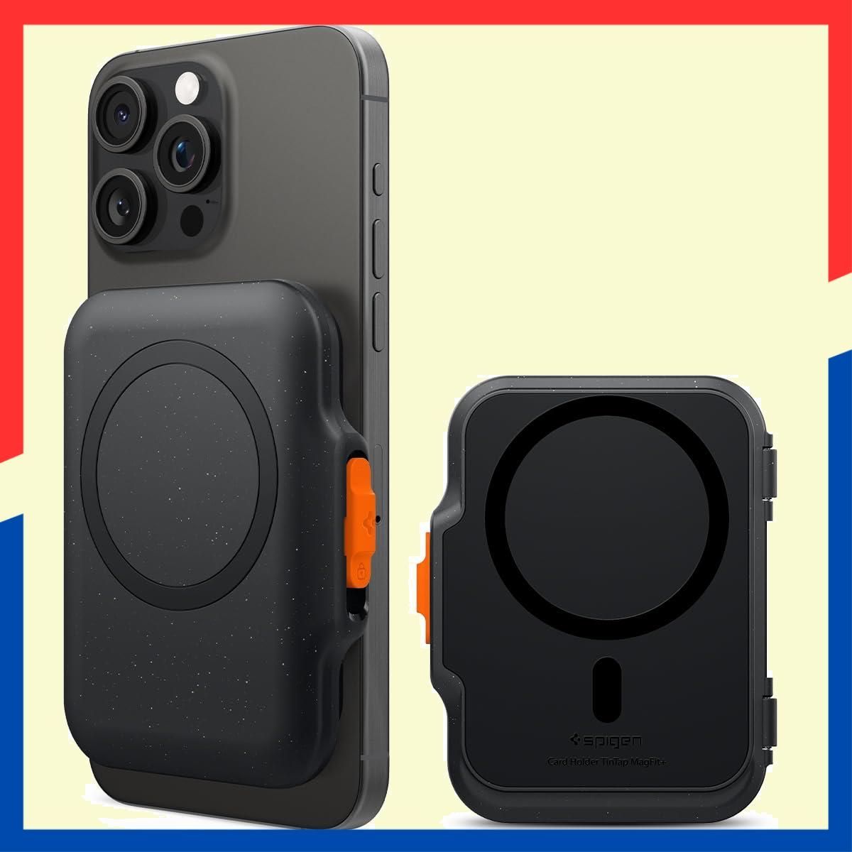 即日発送 AFA07617 ブラック マグフィット TinTap ミニマリスト向け マグネット式ウォレット シリーズ対応 iPhone16|15|14|13|12 強力な磁力 収納 品 最大6枚カード MagSafe対応カードケース Spigen