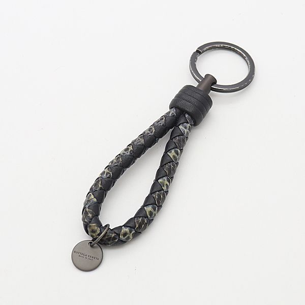 極美品✨BOTTEGA VENETA イントレチャート キーリング パイソン 黒 ボッテガヴェネタ レザー×パイソン ブラック イントレチャート