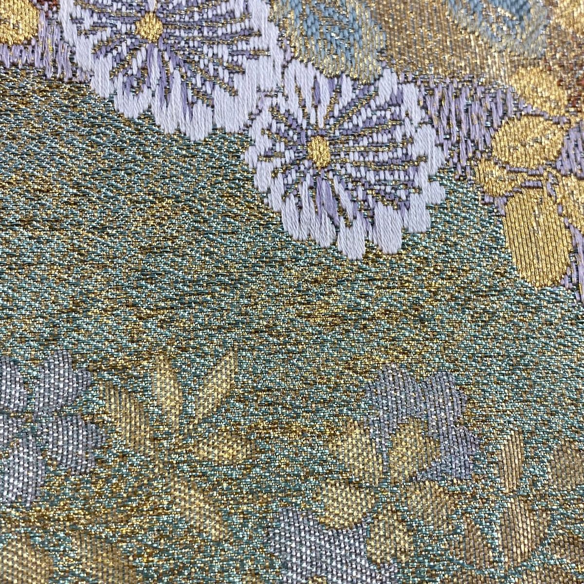 袋帯 美品 秀品 色紙 牡丹 金糸 箔 薄緑 六通 正絹 【中古】