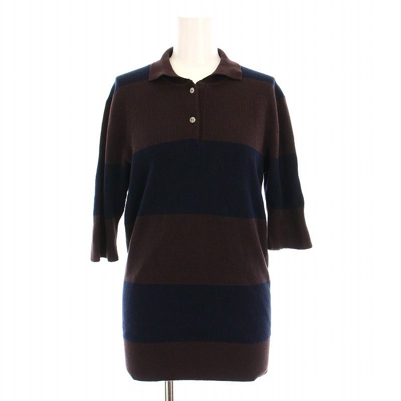 フィーニー PHEENY 23SS Cotton wholegarment polo ニット ポロシャツ 半袖 ボーダー F 茶 紺 PS23-KT02 |YM