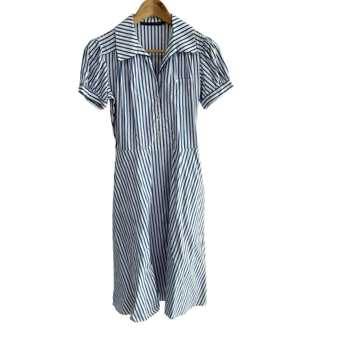 RalphLauren ラルフローレン ワンピース サイズ9 M レディース - 白×ブルー 開襟|半袖|ロング|ストライプ