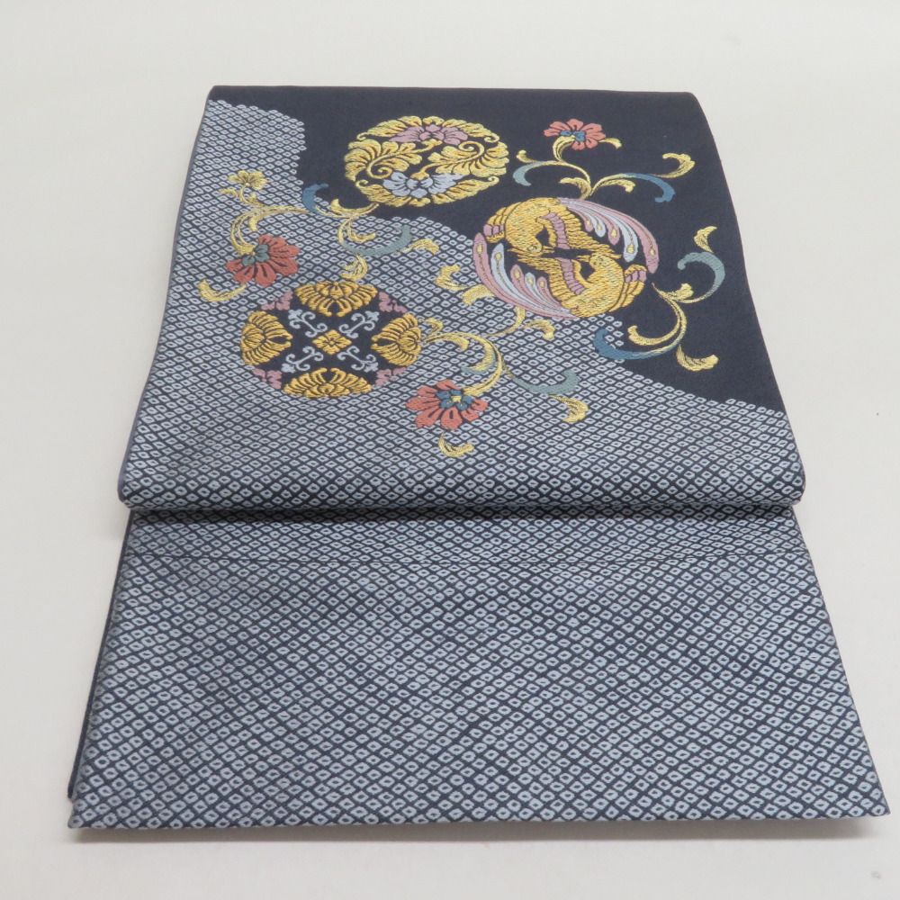 袋帯 鹿の子に花鳥丸文 紫色 金糸 正絹 礼装 フォーマル 着物帯 長さ436cm 袋帯 鹿の子に花鳥丸文 紫色 金糸 正絹 礼装 フォーマル 着物帯 長さ436cm