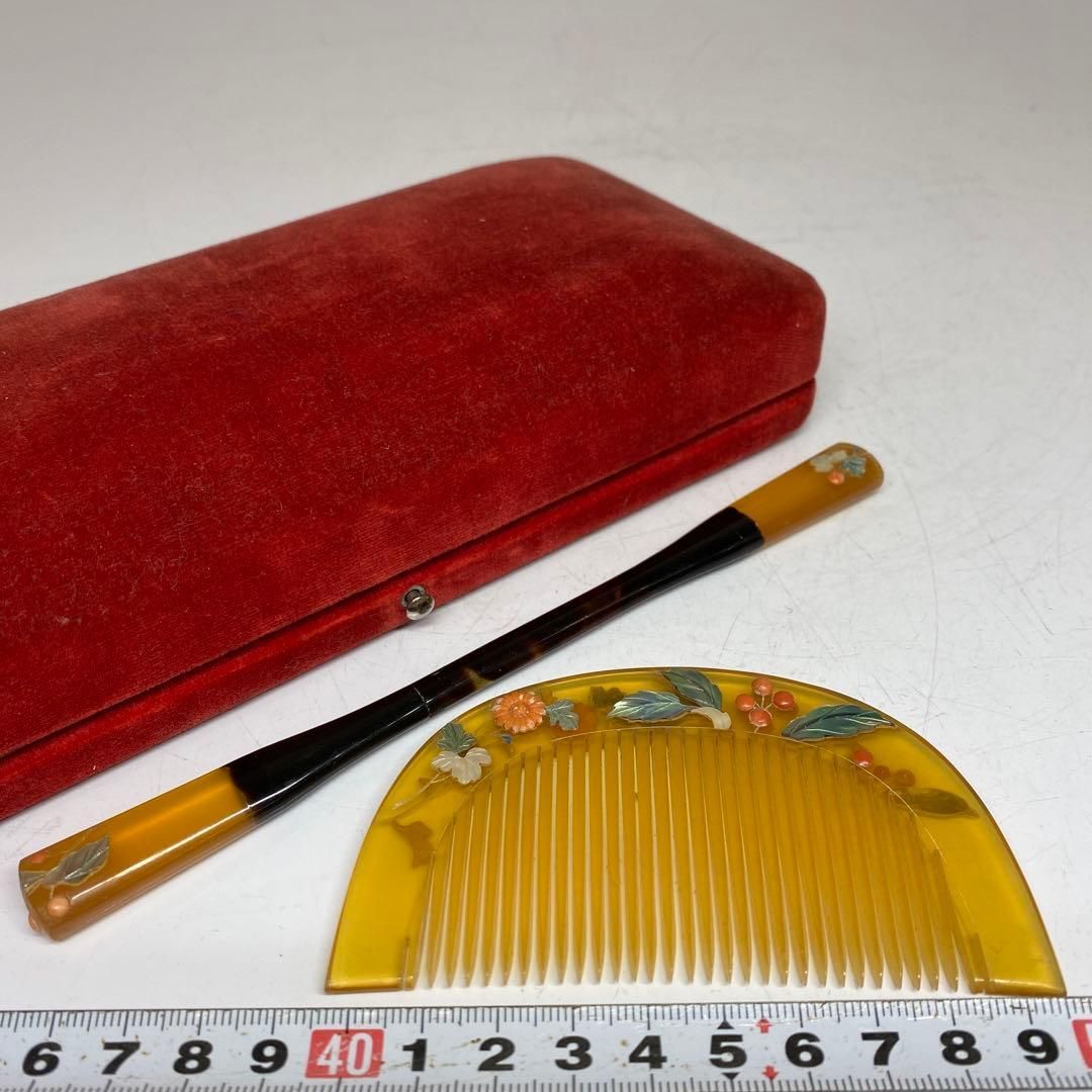 本白鼈甲 珊瑚 螺鈿象嵌 櫛 笄 ケース付 重さ32g 東H5-0909
