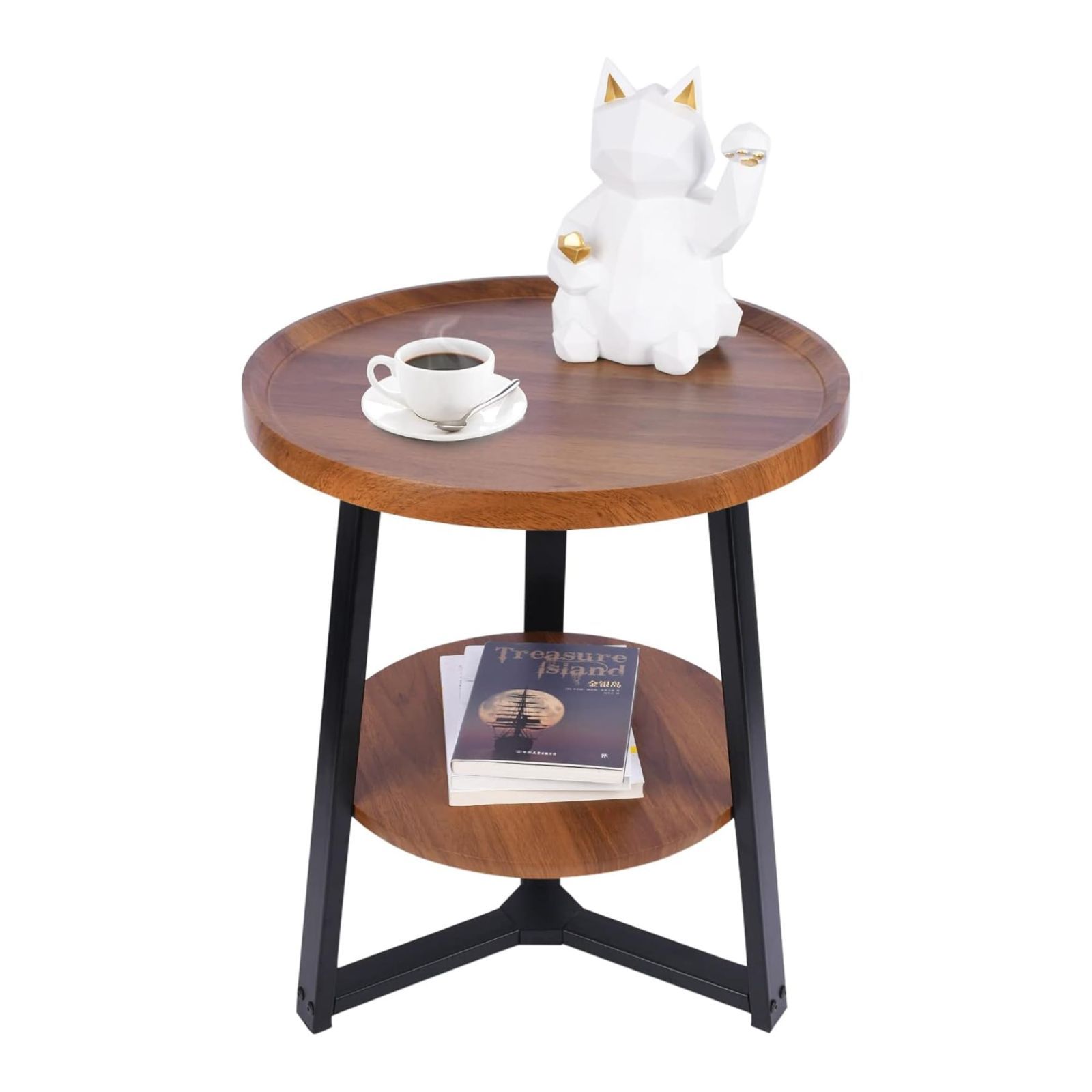 【人気商品】コーヒーテーブル 直径50cm 丸型 高さ60cm 三脚 2段 ベッドサイドテーブル 組立簡単 テーブル ソファー 寝室 Nijakiseサイドテーブル おしゃれ 小型テーブル (ブラウン)