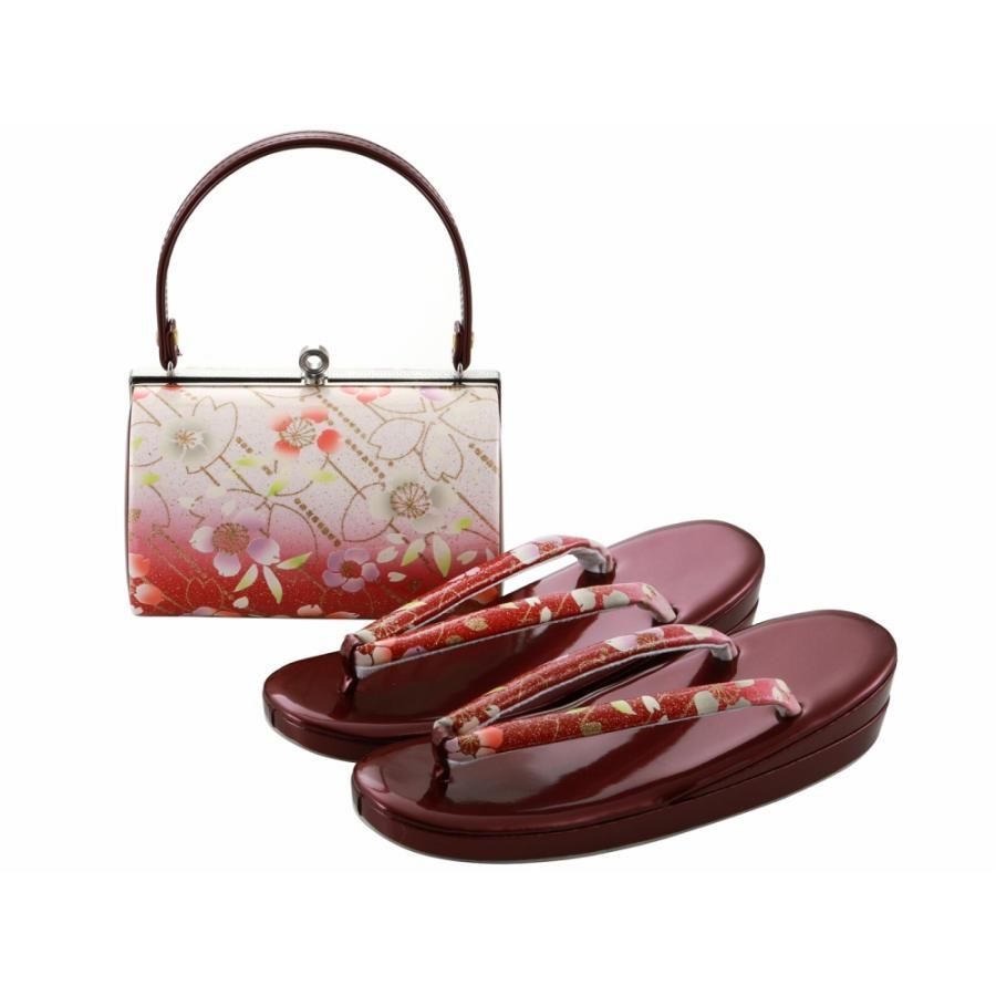 振袖用 合皮 草履バッグセット 二枚芯 ラメ入り 3Lサイズ 桜 エンジ bs-376-33