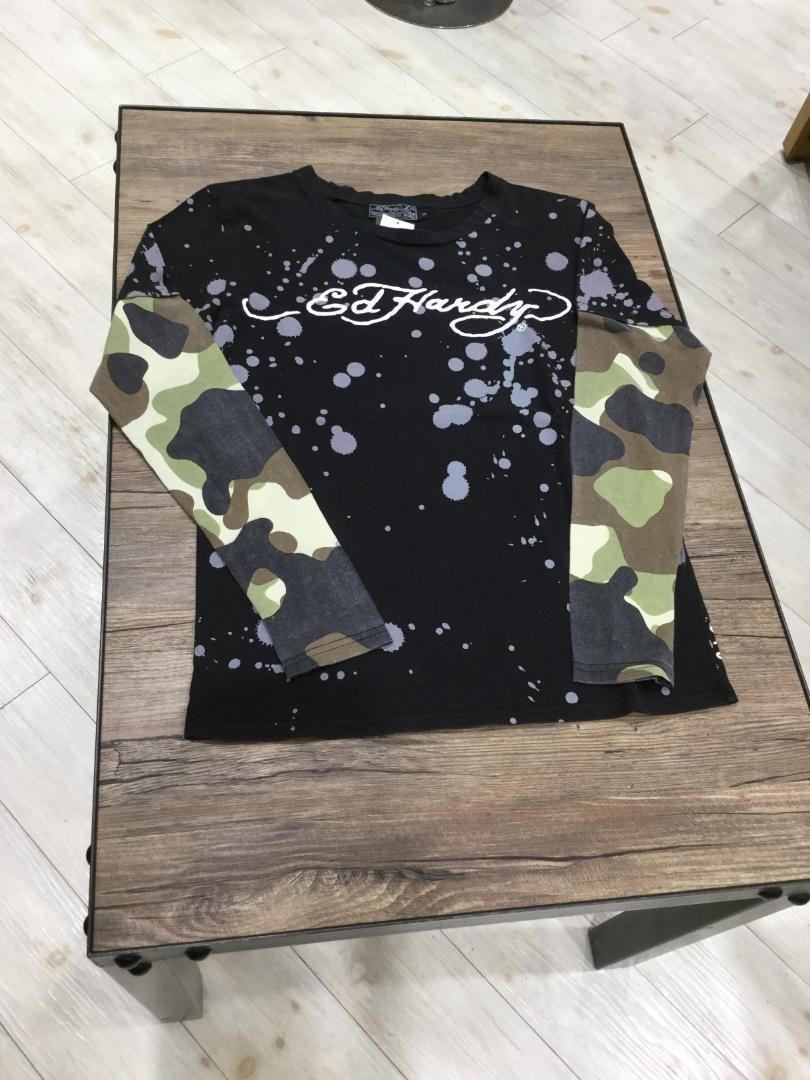エドハーディー　ラグラン　長袖Ｔシャツ　ロンT　綿100％　迷彩　ダブルスリーブ