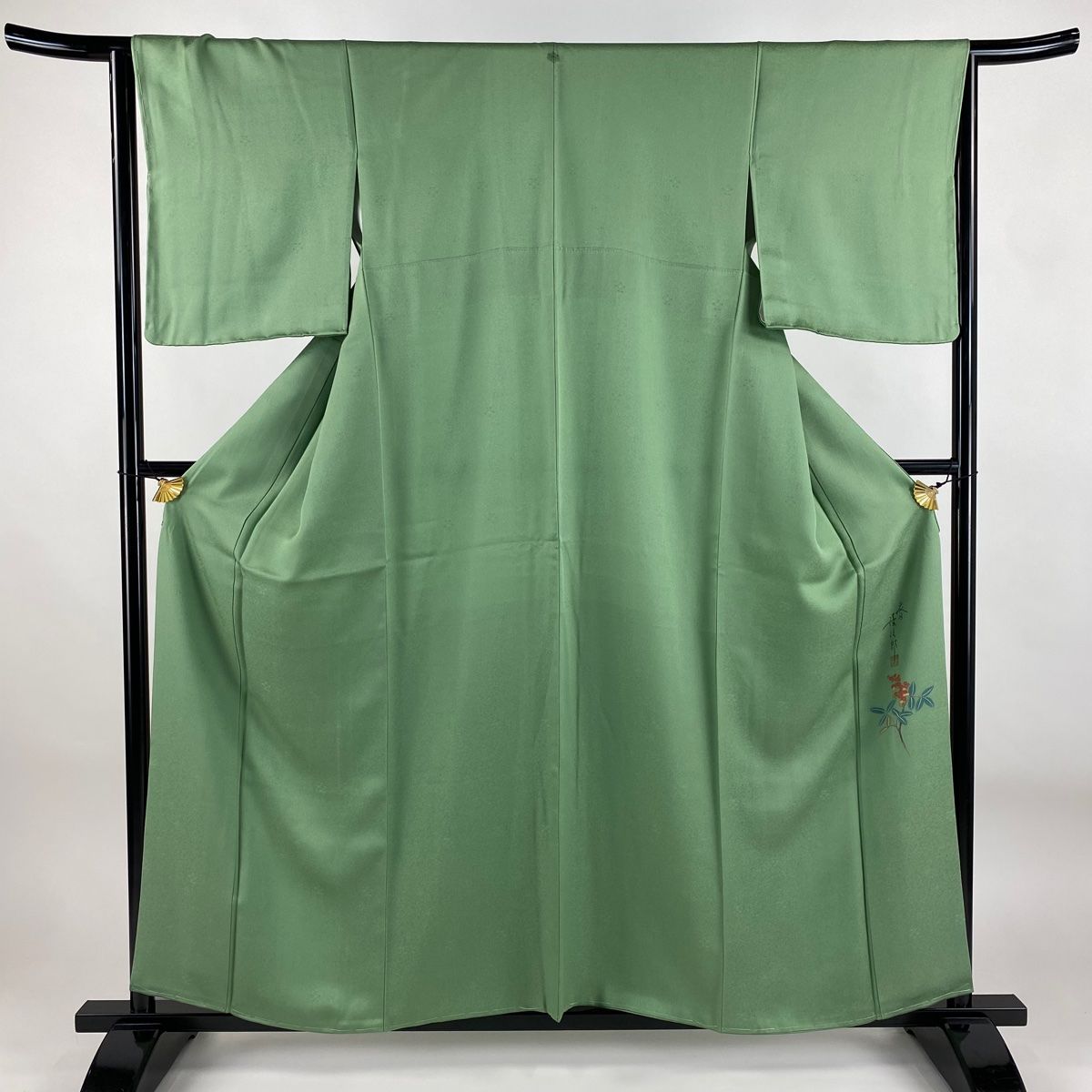色無地 身丈157cm 裄丈64cm M 袷 二代目清次郎 落款 地紋 薄緑 正絹 秀品 一つ紋