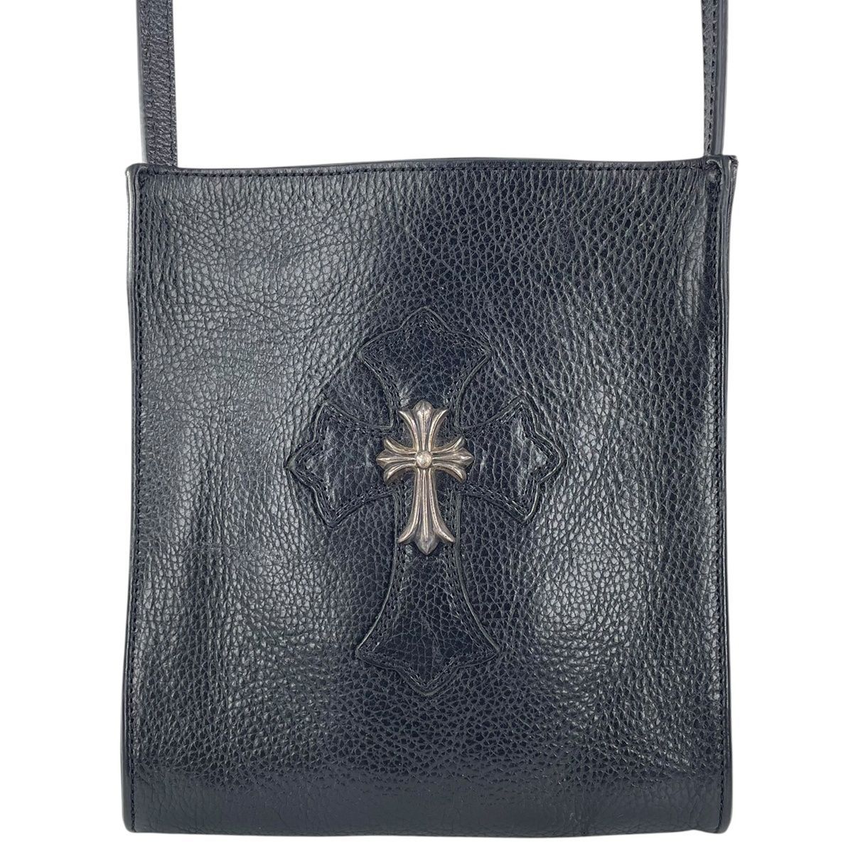 CHROME HEARTS クロムハーツ スクエアポケット スモールCHクロス レザー ブラック シルバー クロスパッチ ショルダーバッグ メッセンジャーバッグ サコシュ ポシェット クロスボディ 25029564 RS