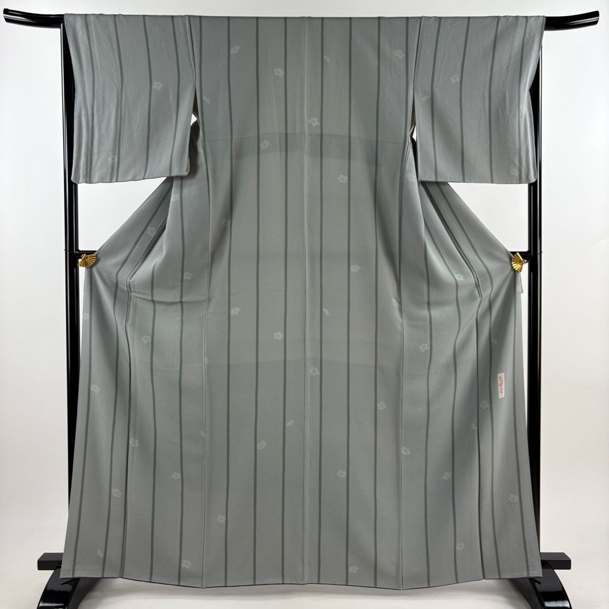 小紋 身丈164.5cm 裄丈65.5cm M 袷 辻村ジュサブロー 落款 縦縞 花 縮緬 灰緑 正絹