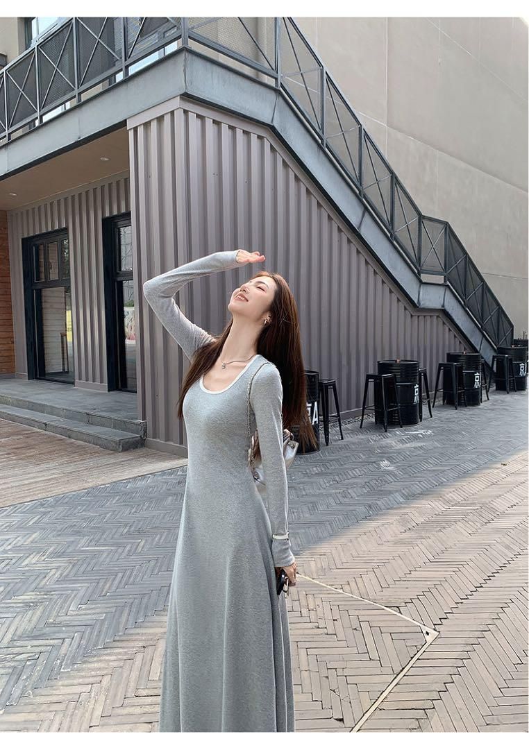 春のお出かけニットロングワンピースコントラスト