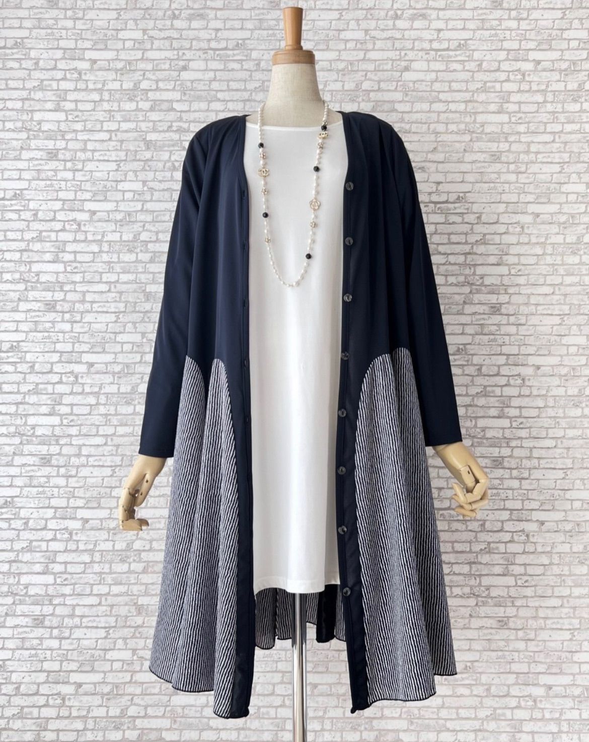 【新品M〜L】上品大人可愛いモード*フレアAライン*ロングカーディガン*切替シャツワンピース*180213ネイビー*セレブミセスご旅行