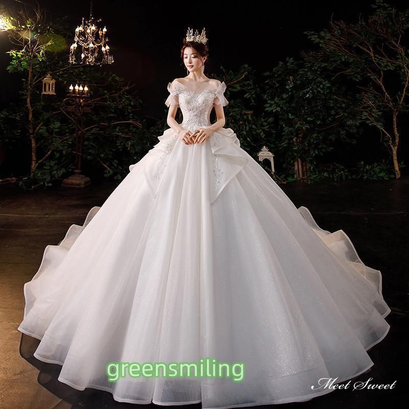 ウェディングドレス ロングドレス プリンセスラインドレス オフショルダー 二次会 結婚式 前撮り 花嫁 ウエディングドレス チ