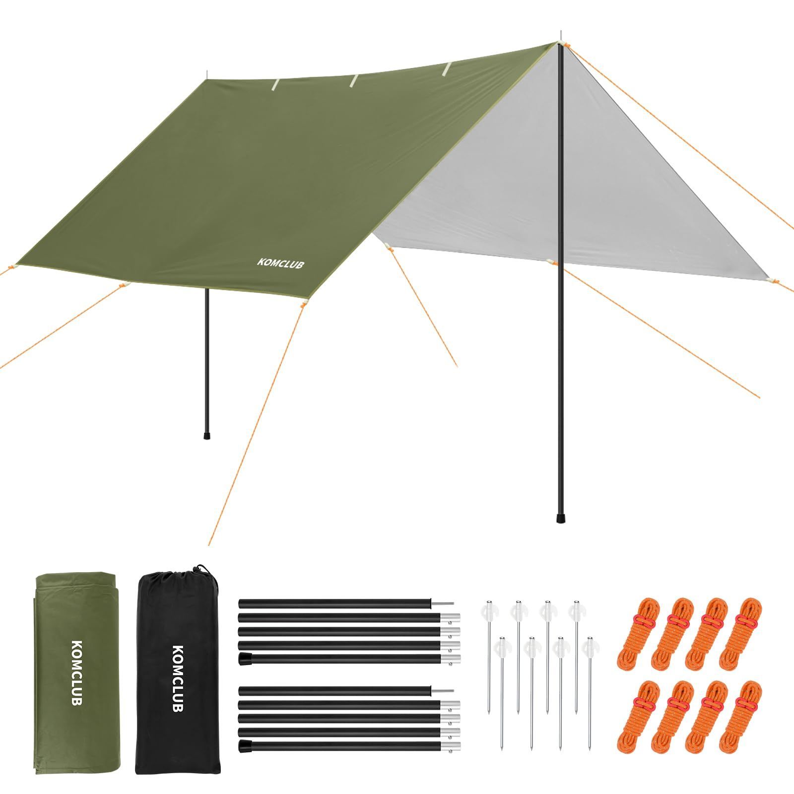 290*300CM KOMCLUB タープ 11箇所ループ 3m*3m 特殊防水テープ付き uvカット 遮熱 遮光 シルバーコーティング ポリエステル生地 3000mm 耐水圧 撥水加工 ポール・ロープ・ペグ付き 軽量 コンパクト 収納袋付き キャンプ グリー