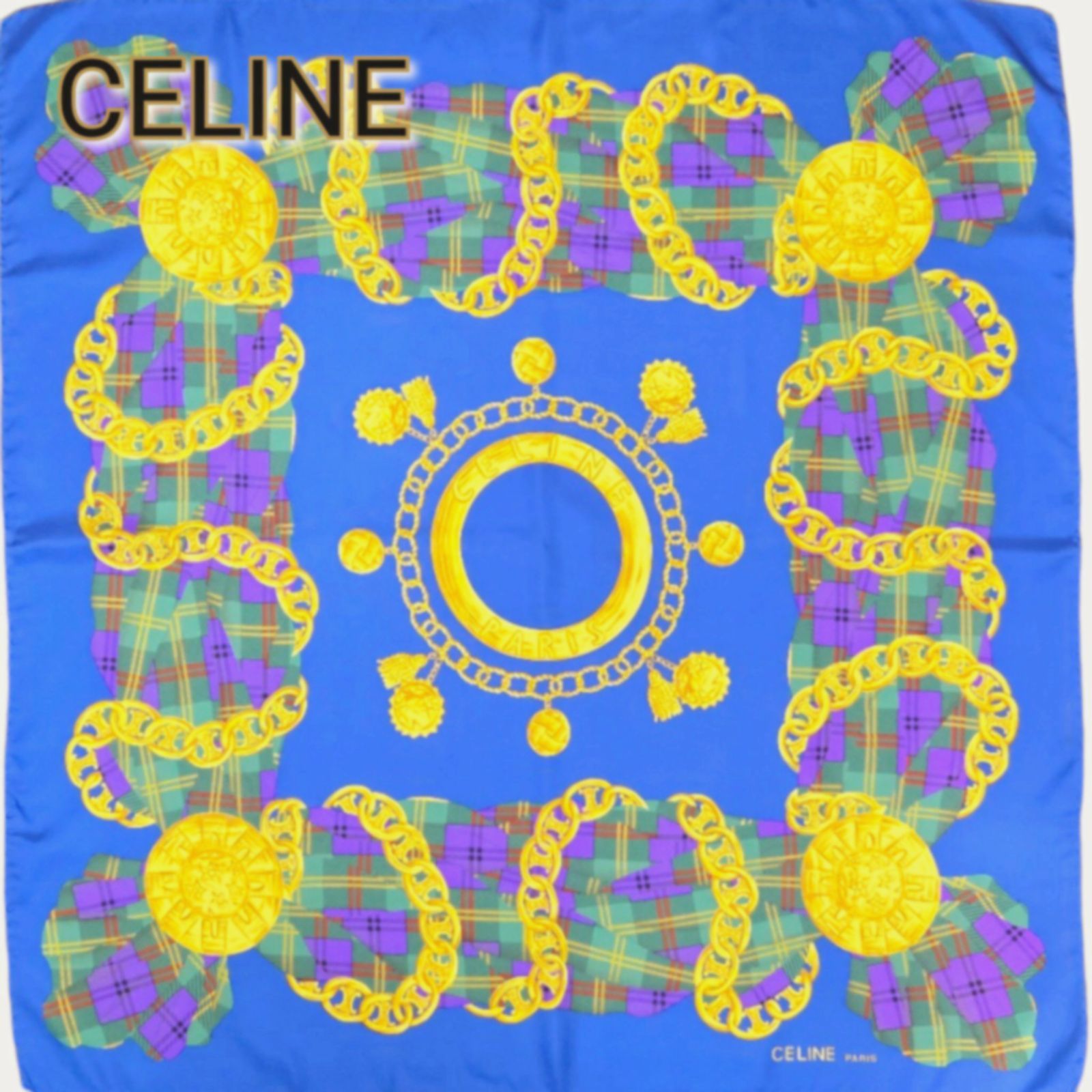 65%OFF【送料無料】 CELINE セリーヌ スカーフ シルク スターボール チェーン ブルー 小物