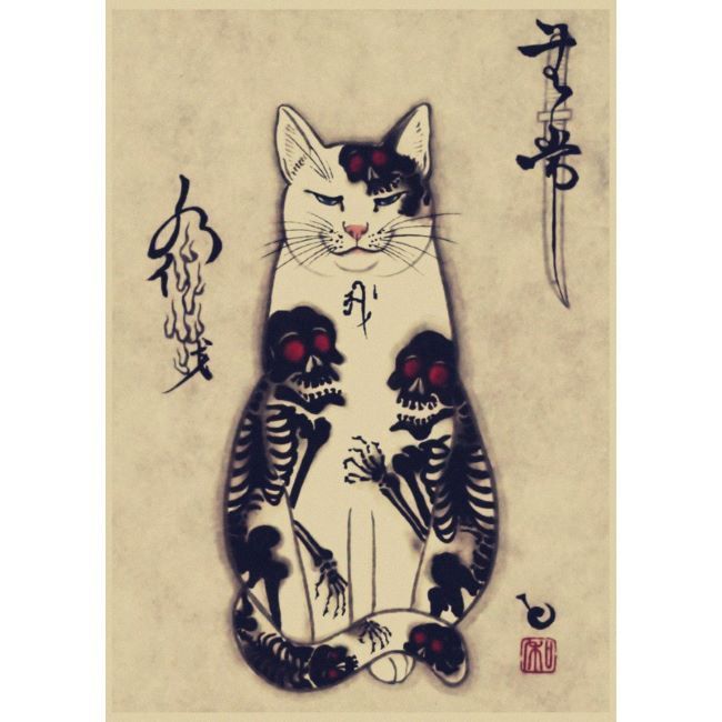 猫の絵 A3 入れ墨 猫 tatoo cat 絵 クラフト紙 猫画 猫グッズ 彫