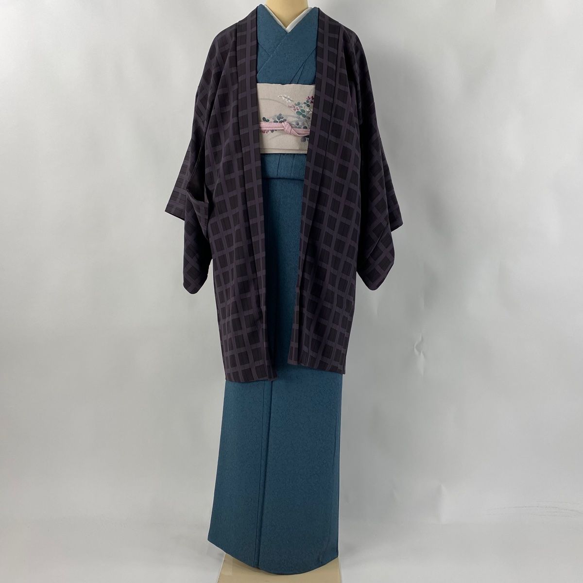 羽織 身丈98.5cm 裄丈63.5cm S 和装コート 格子 紫 正絹 名品