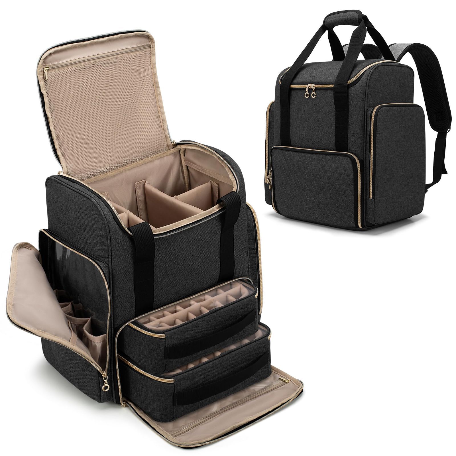 【特価セール】2つの取り外し可能なケース付き 70ボトル用 ネイル用品 大容量 ネイルライト マニキュア収納バッグ 収納 ネイルリュック 持ち運び Luxja ブラック