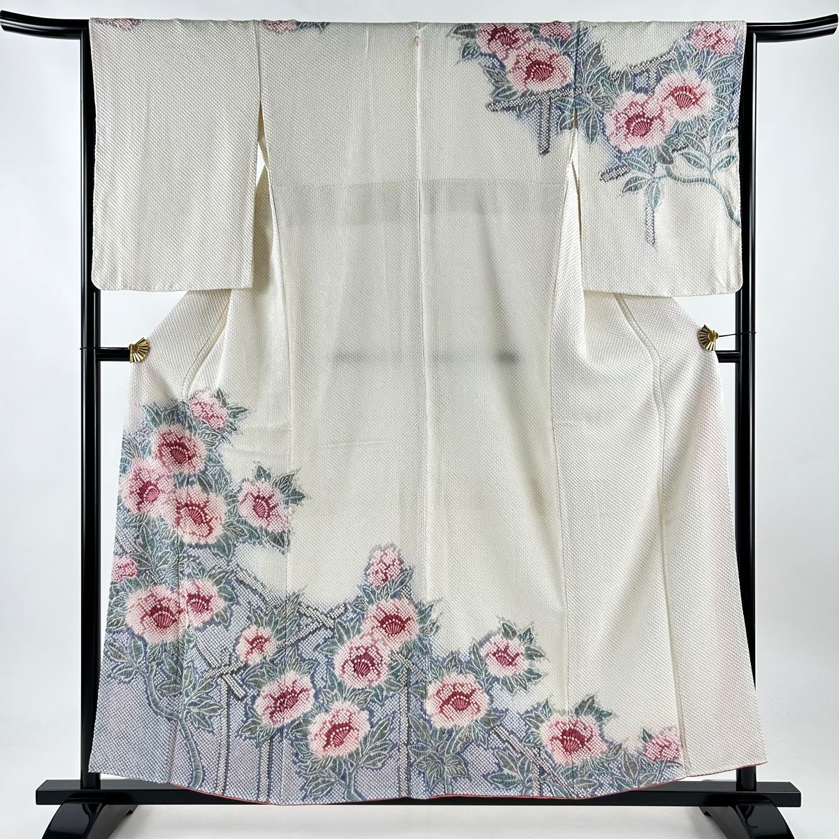 訪問着 身丈156cm 裄丈65cm M 袷 牡丹 総絞り クリーム 正絹 名品 一つ紋