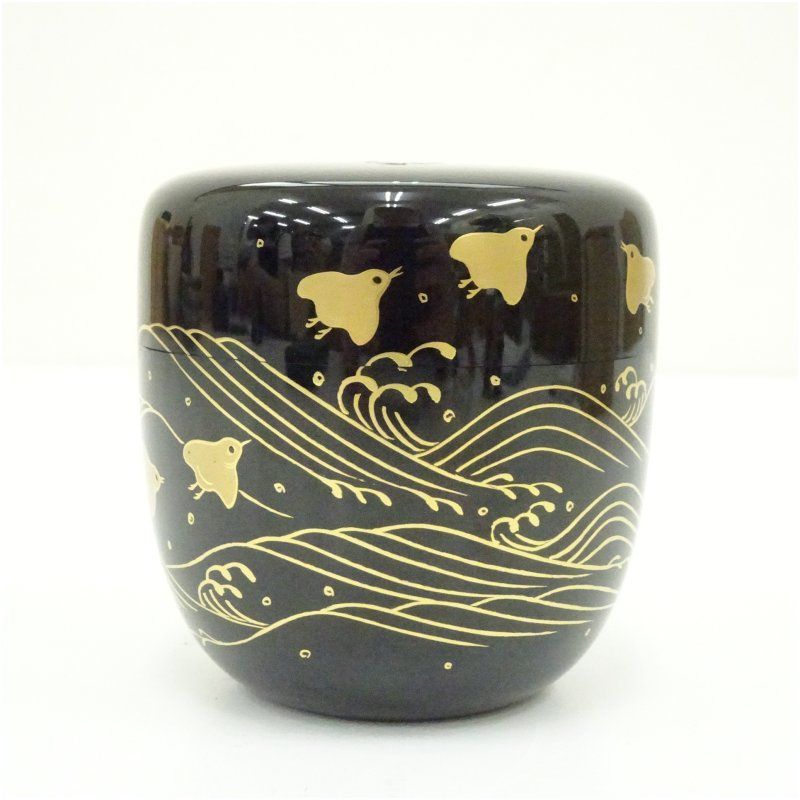 奥津一心斎造 螺鈿波千鳥蒔絵棗（共箱） 茶道 茶道具 おしゃれ