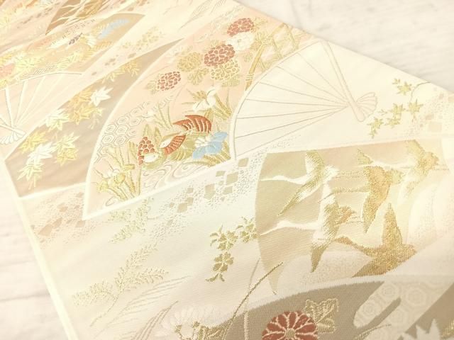 袋帯 華やかな加工 扇に唐織の花模様や蝶 六通 正絹 着物 RO-2655 袋帯 華やかな加工 扇に唐織の花模様や蝶 六通 正絹 着物 RO