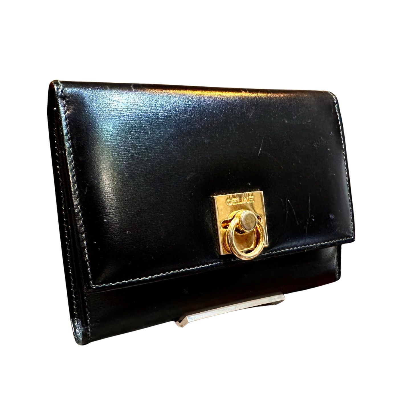 CELINE セリーヌ 三つ折り財布 がま口 ヴィンテージ ロゴ リング 金具 カーフ レザー 本革 三つ折り 財布 ミニ ウォレット ブラック 黒