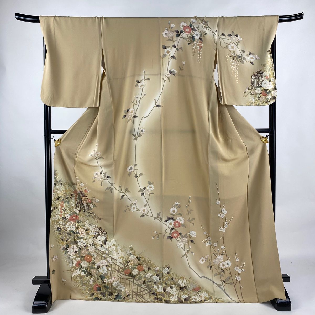 訪問着 身丈151.5cm 裄丈61cm S 袷 御所車 草花 金彩 箔 灰緑 