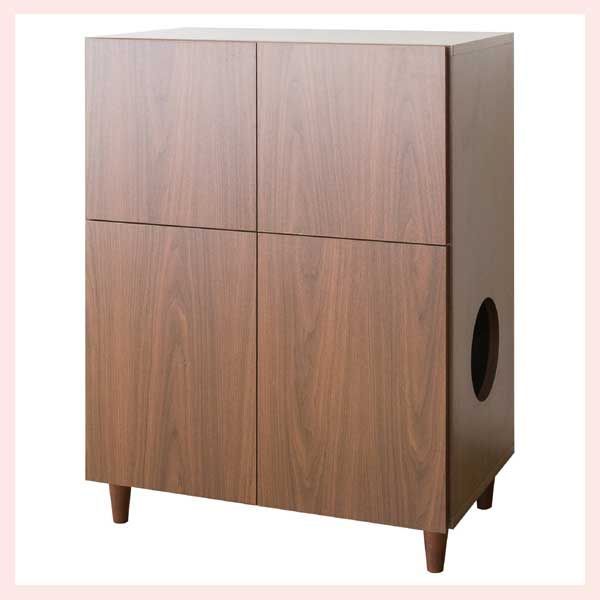 猫トイレクローゼット 幅75×奥行45×高さ99.5cm ブラウン 人気 売れ筋 インテリア 飾り ラック 収納 木材 棚 木目 ウッド 扉 穴 窓 隠す 清潔 家具 ファニチャー 気配り こだわり 茶色 2段 すっきり スマート