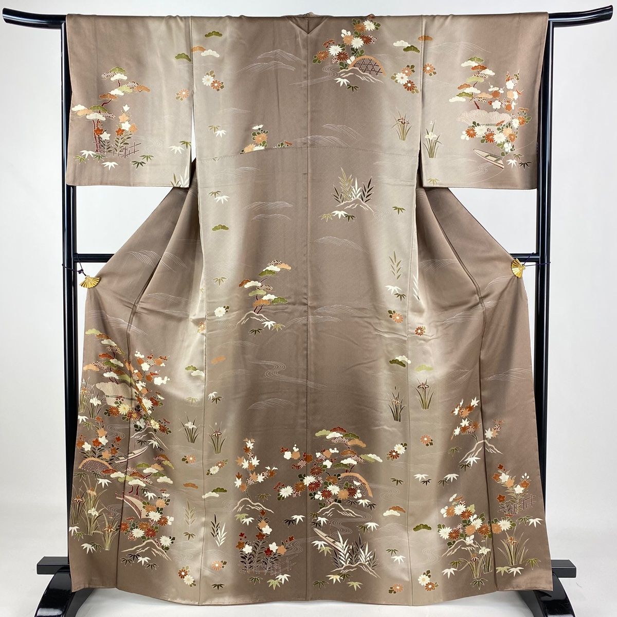 在庫一掃】 訪問着 身丈165.5cm 裄丈66cm M 袷 松竹梅 橋 金糸 金彩 茶  