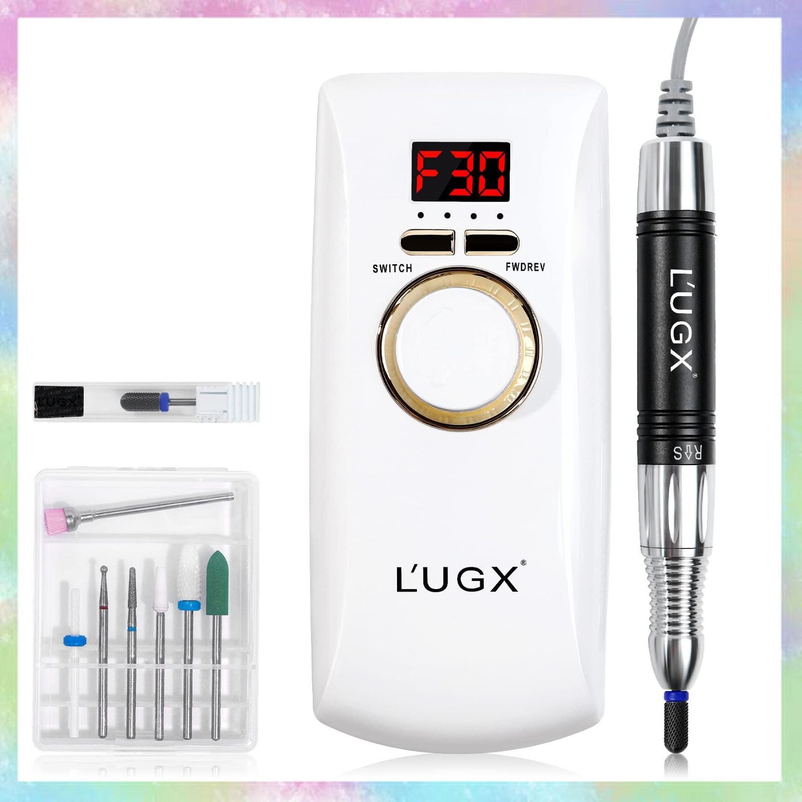 L UGX 電動ネイルマシン 30000RPM プロ ネイルドリル 研磨 爪磨き ネイルマシーン 自宅サロン用 低騒音 低振動 8個のビット ホワイト