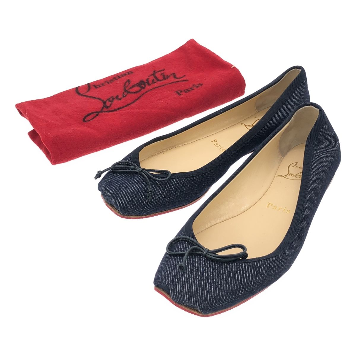 Christian　Louboutin　フラット　パンプス　リボン　スリッポン Christian Louboutin クリスチャンルブタン デニムリボン