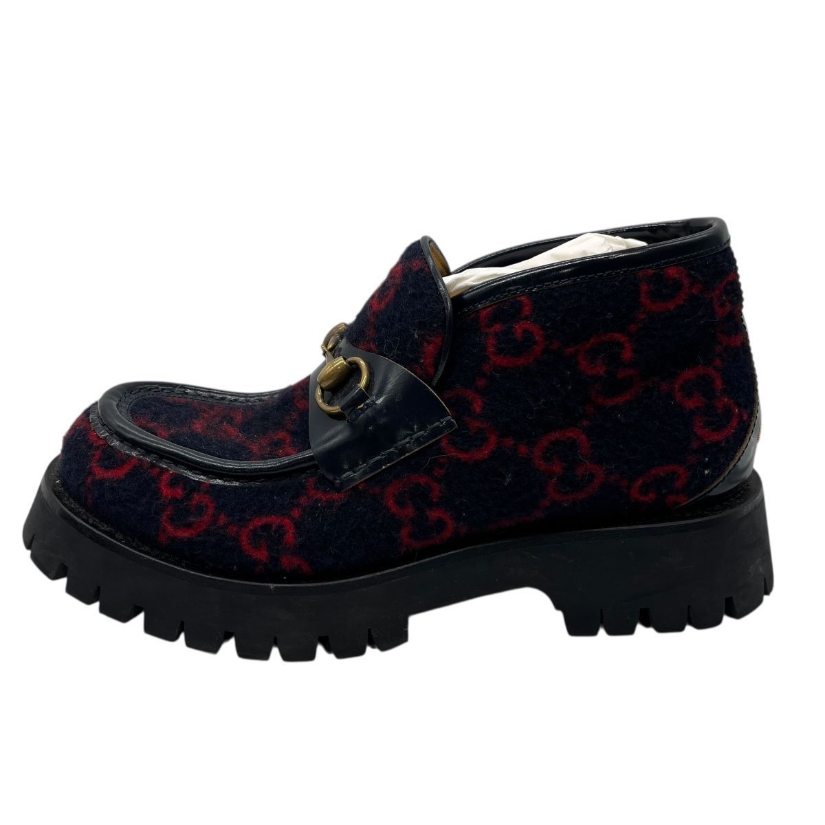 ♪2704 GUCCI グッチ ブーツ ウールホースビットローファー 6 1|2 598315 ネイビー レッド GG柄 厚底 箱 保存袋付き