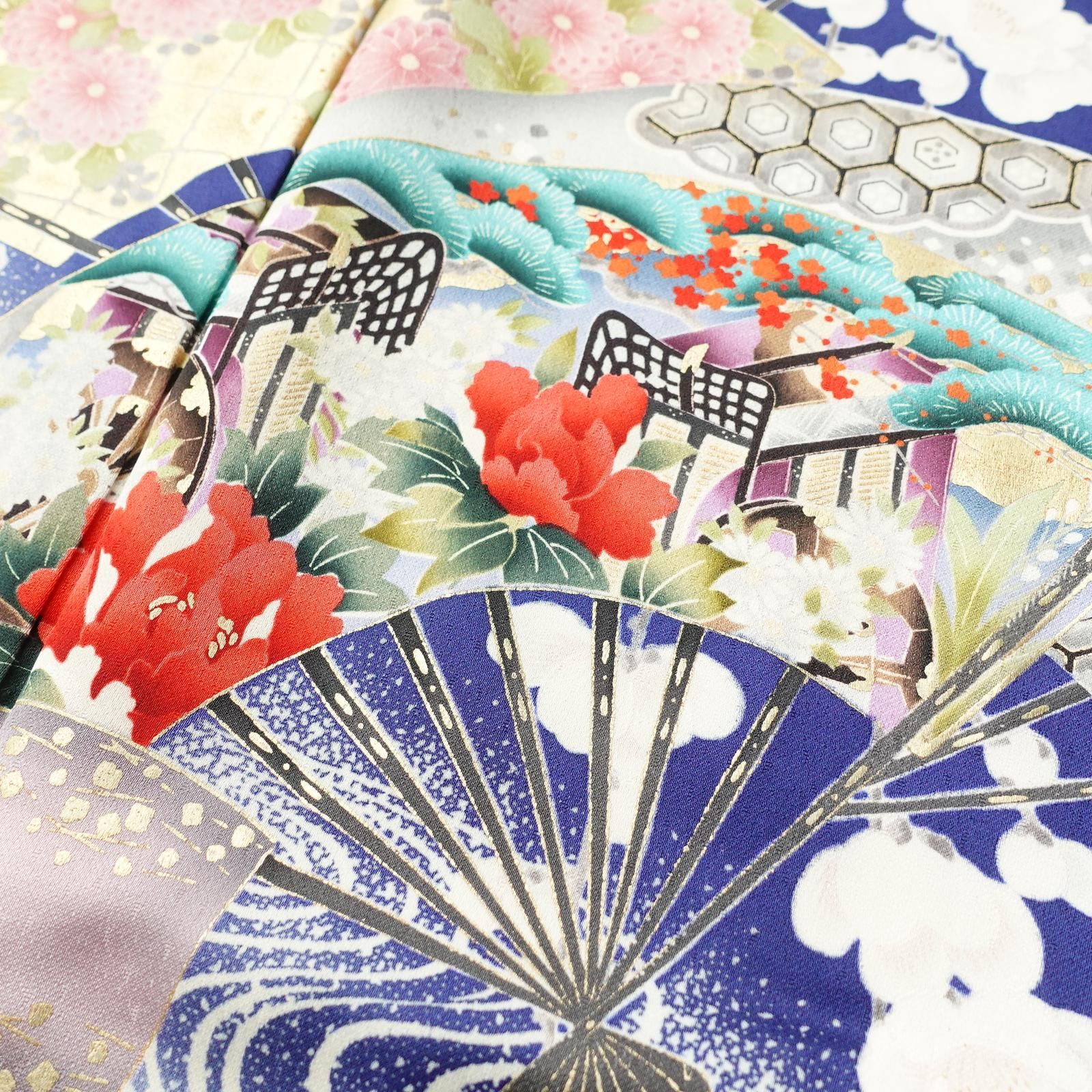 中古 振袖 正絹 古典柄 袷仕立て 身丈162.5cm 裄丈66.5cm 箔 金彩 扇子 さくら 七宝 着物 成人式 青・紺