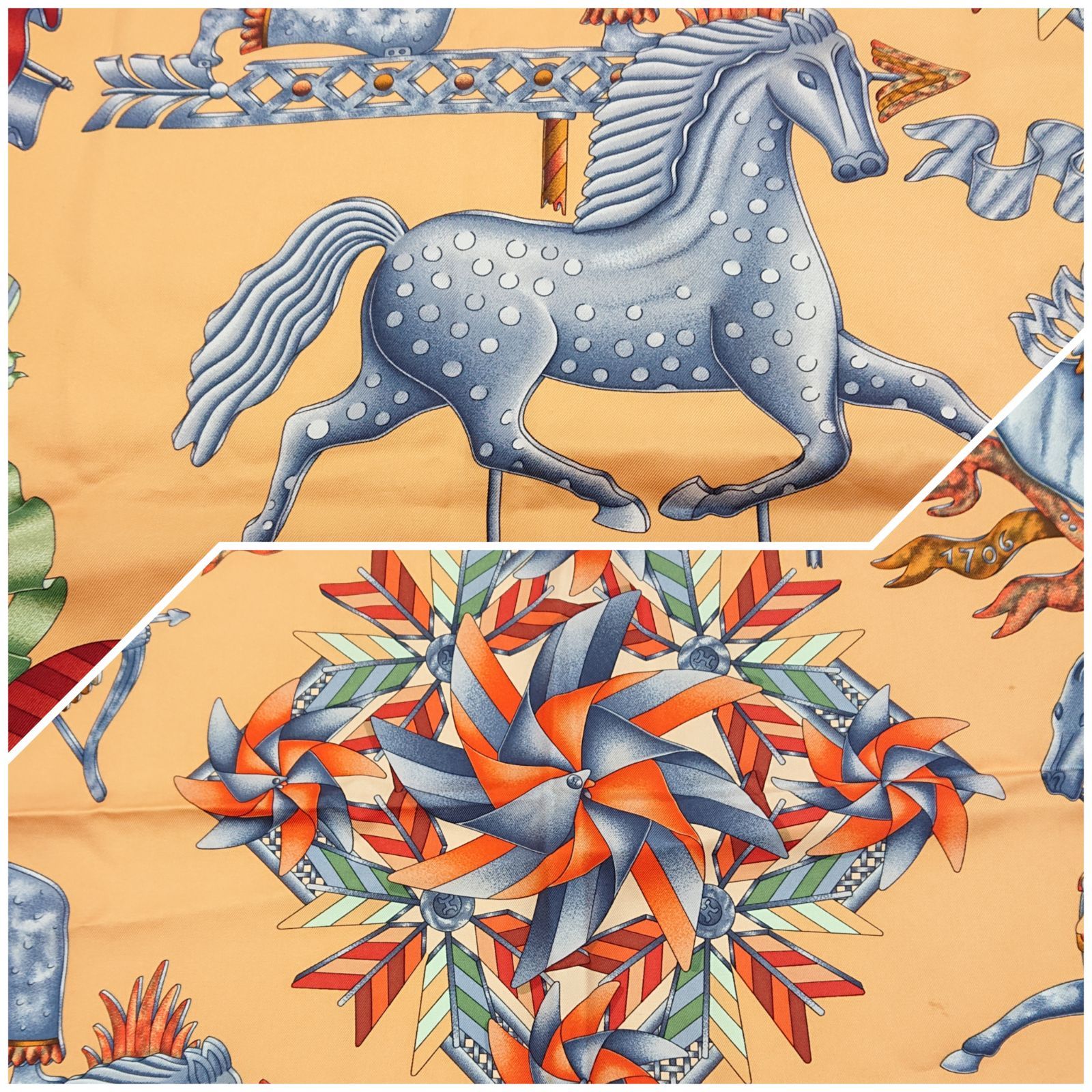 美品　エルメス HERMES カレ90 les girouettes 鑑定済］HERMES LES GIROUETTES カレ90 スカーフ