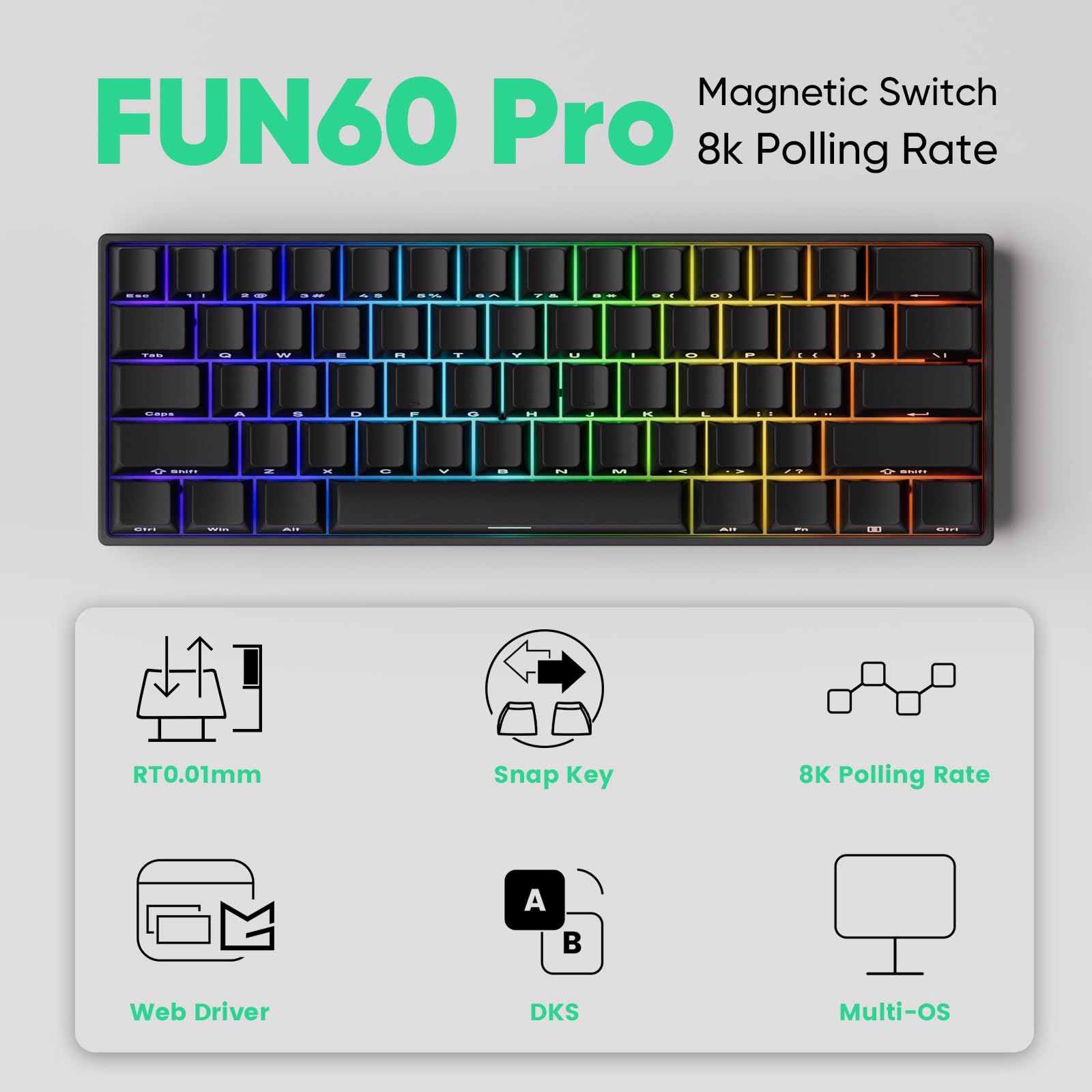 MonsGeek モンスギーク FUN60 Pro SP 有線モデル HEセンサー 0.01mm ラピッドトリガー対応 磁気スイッチ Akko Glare Magnetic Switch 英語配列 テンキーレス サイドプリント 有線8K ホットスワップ UP786_INFO