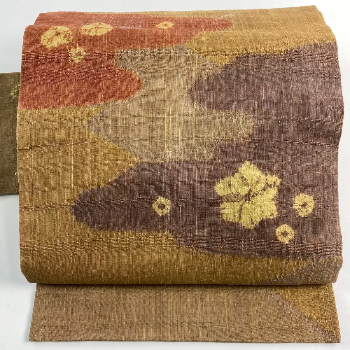 名古屋帯 秀品 紬地 霞 花 絞り 茶色 正絹