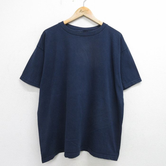 XL/古着 EMS 半袖 ビンテージ Tシャツ メンズ 90s 無地 大きいサイズ コットン クルーネック 紺 ネイビー spe 24jul09 中古
