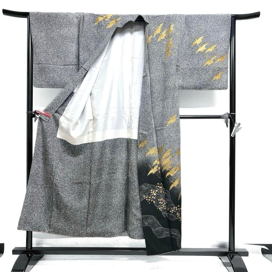 メンズ着物 付け下げ 作家もの たたき染 鶴 金彩 着物 092a u