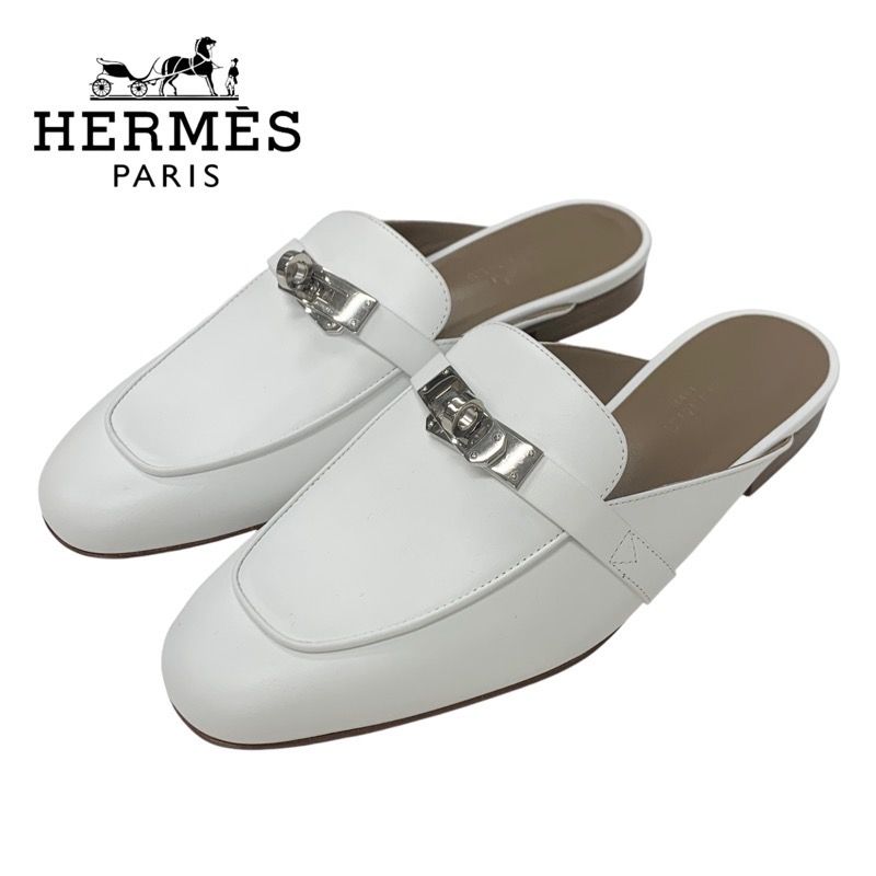 エルメス オズ レザー ケリー金具 ミュール ホワイト HERMES(エルメス) ミュール 37 1/2 レディース美品 ジジ50 白