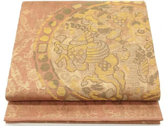 平和屋着物○九寸名古屋帯 紬地 紅型 扇面花文 正絹 逸品