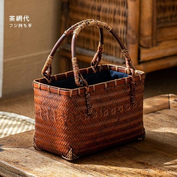 高級かごバッグ　未使用品！ 高級茶網代-藤持ち手 かごバッグ】高級 透かし 亀甲 かごバッグ