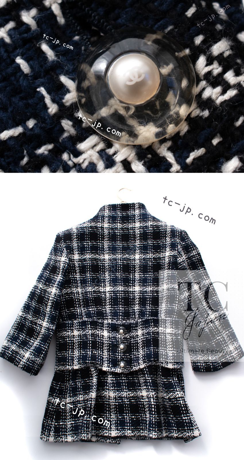 CHANEL - シャネル ジャケット CHANEL ネイビー チェック ノーカラー コットン ツイード カール・ラガーフェルド作品 超美品 34 シャネル ジャケット CHANEL 68万 ネイビー アイボリー チェック