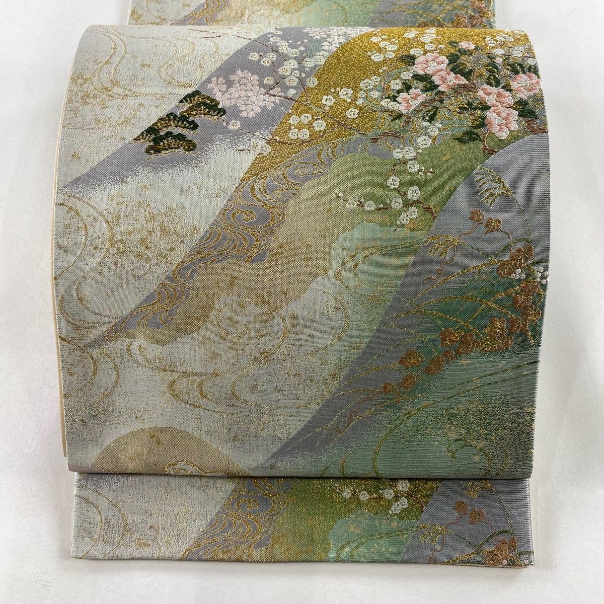 袋帯 秀品 琳派遠山四季文 箔 唐織 灰緑 六通 正絹