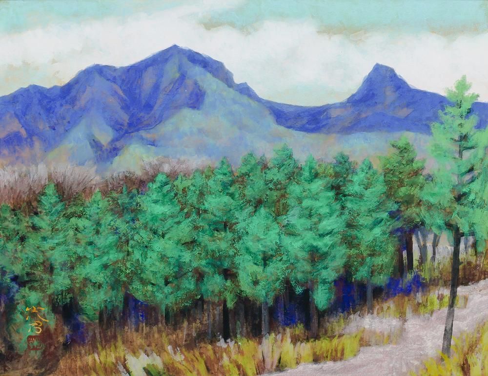 真作】【WISH】曲子光男 日本画 10号 金落款 ◇青峰を背に広がる