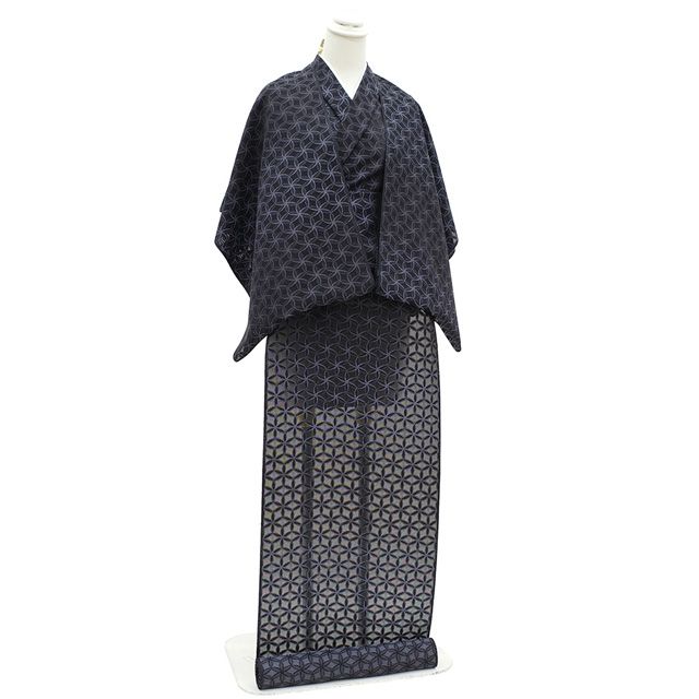 御召 紋紗 着物 着尺 反物 西陣 正絹 お召 先染め 黒 ブルーグレー 花 輪繋ぎ文 夏着物 コート 春 夏 秋 カジュアル 未仕立て みやがわ sb14849