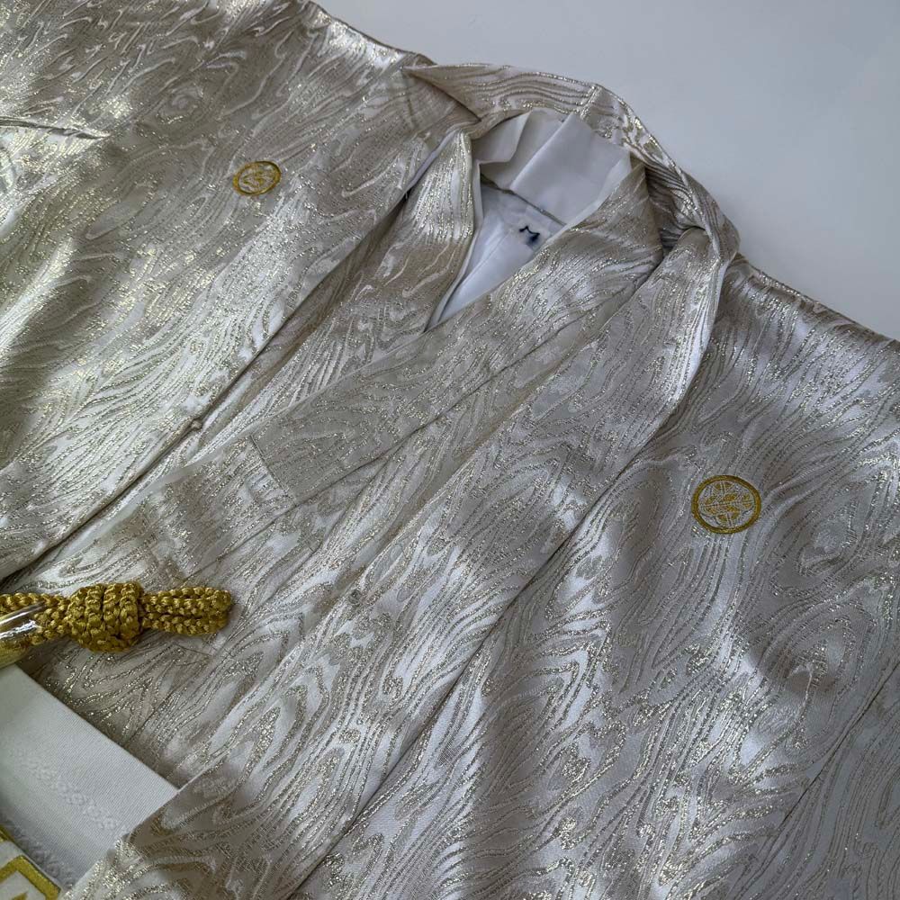 紋付袴 6点セット 着物 羽織 袴 長襦袢 羽織紐 角帯 裄71cm 袴丈89cm L シルバー 五つ紋 4502