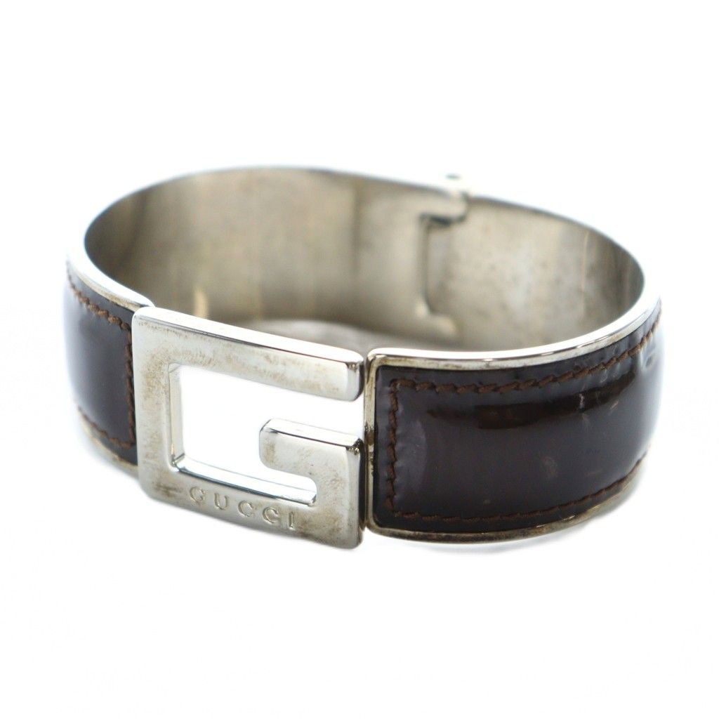 グッチ GUCCI バングル ブレスレット アクセサリー Gロゴ 刻印 エナメルレザー 茶 ブラウン シルバー色 GY11 |MQ OH