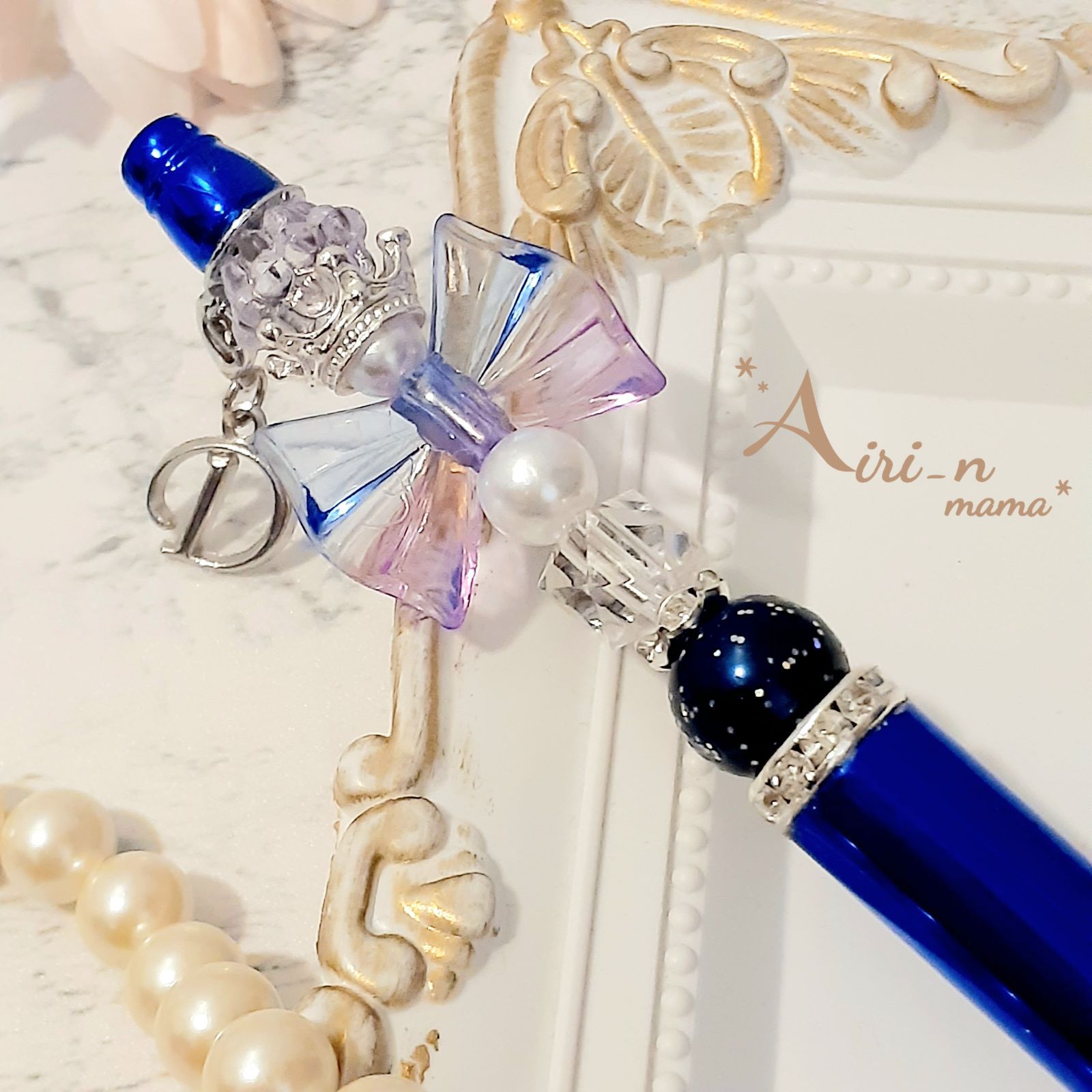 ブラックマーブル×そろばんビーズ×ブラックリボン×ロンデル カスタムボールペン ブラックマーブル×そろばんビーズ×ブラックリボン×ロンデル